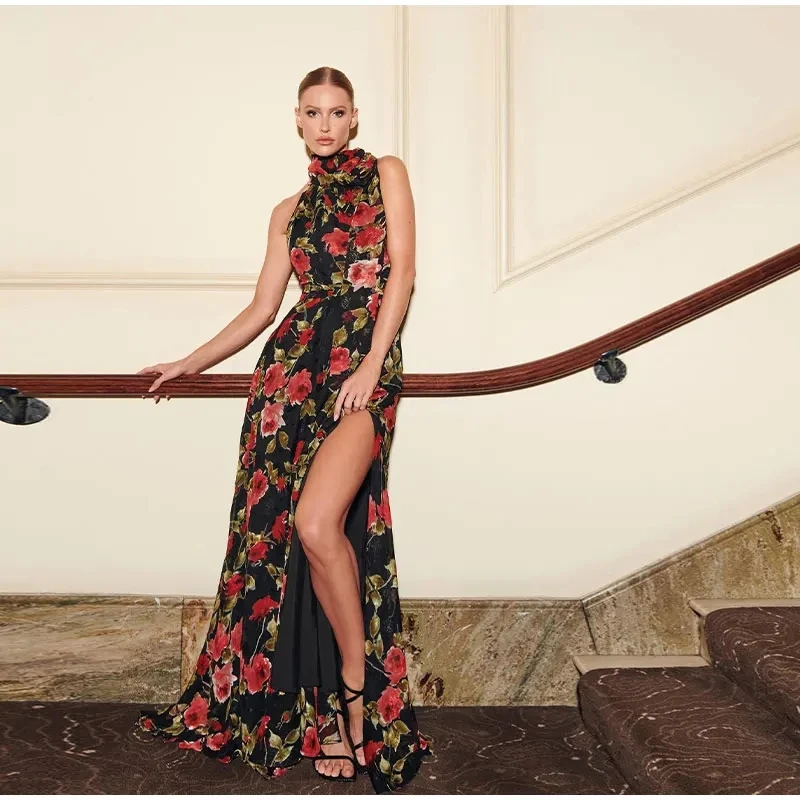 Women-Elegant-Print-High-Slit-Maxi-Dress-Ladies-Fashion-High-Neck ...