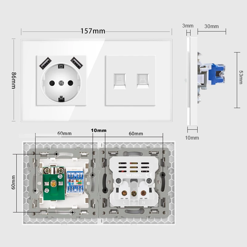 JHJCH EU 표준 벽 소켓 + TV cat3, 강화 유리 rj45 cat6 벽 커넥터 + 컴퓨터 인터넷 잭 157*86mm