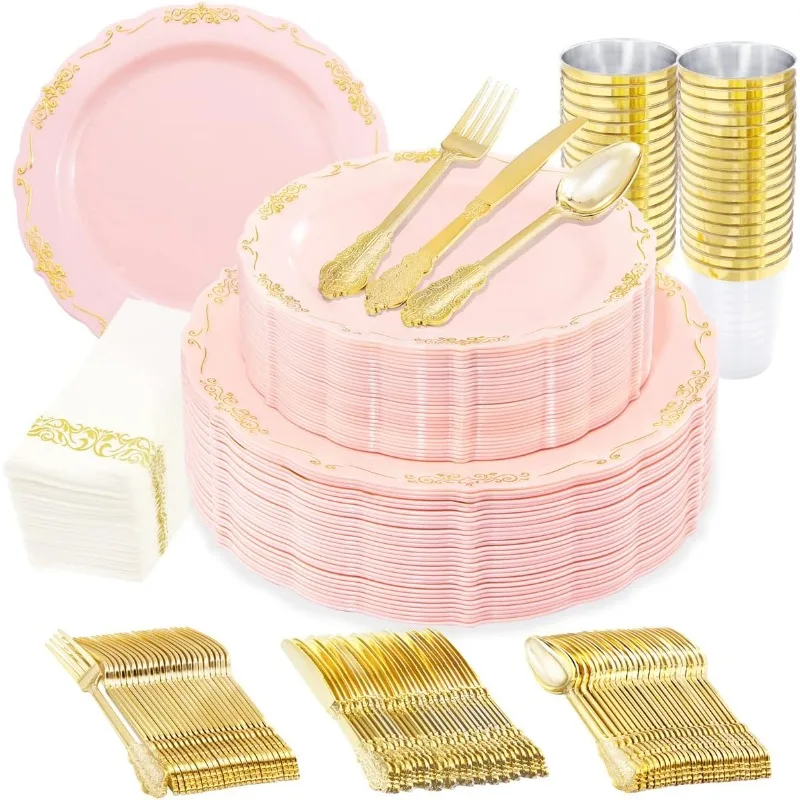 Pink and Gold Plastic Plates and Cups 210 Gold Rimmed Dessert Plates/Salad Plates