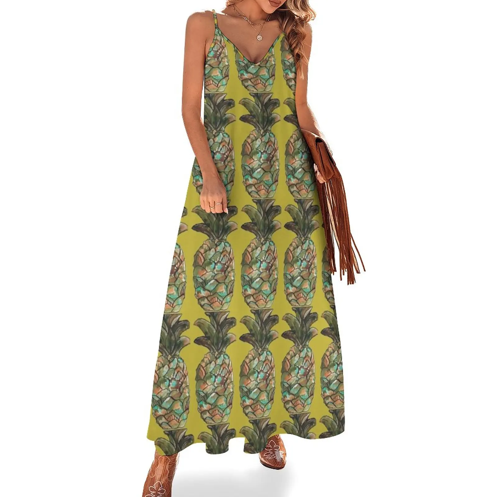 

Watercolor Pineapple Sleeveless Dress loose women's dress elegant chic women dresses promotion Casual dresses