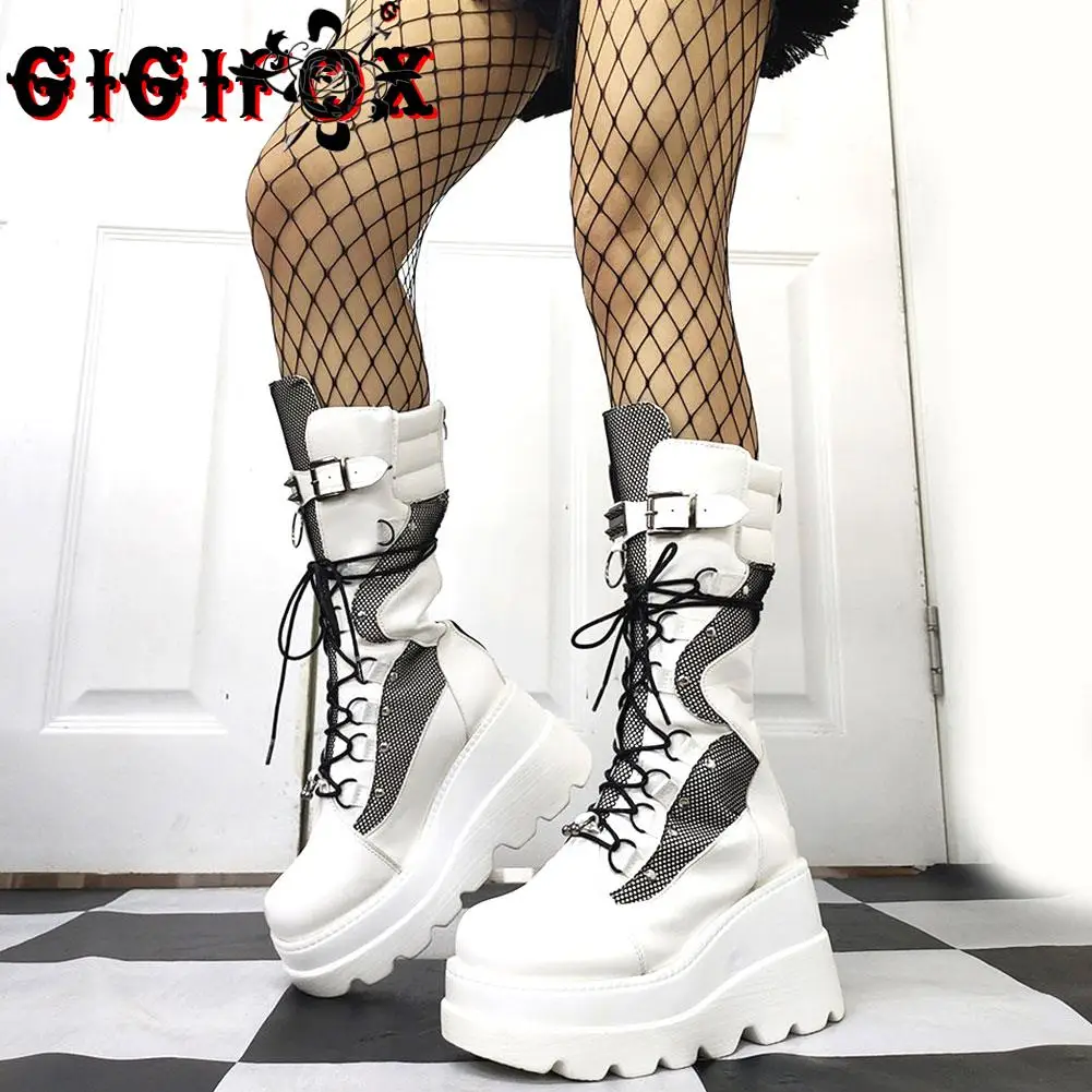 2022 Autumn Winter Sale Punk Halloween Witch Cosplay Platform High Wedges Heels Black Gothic Calf Boots Women Shoes Big Size 43 