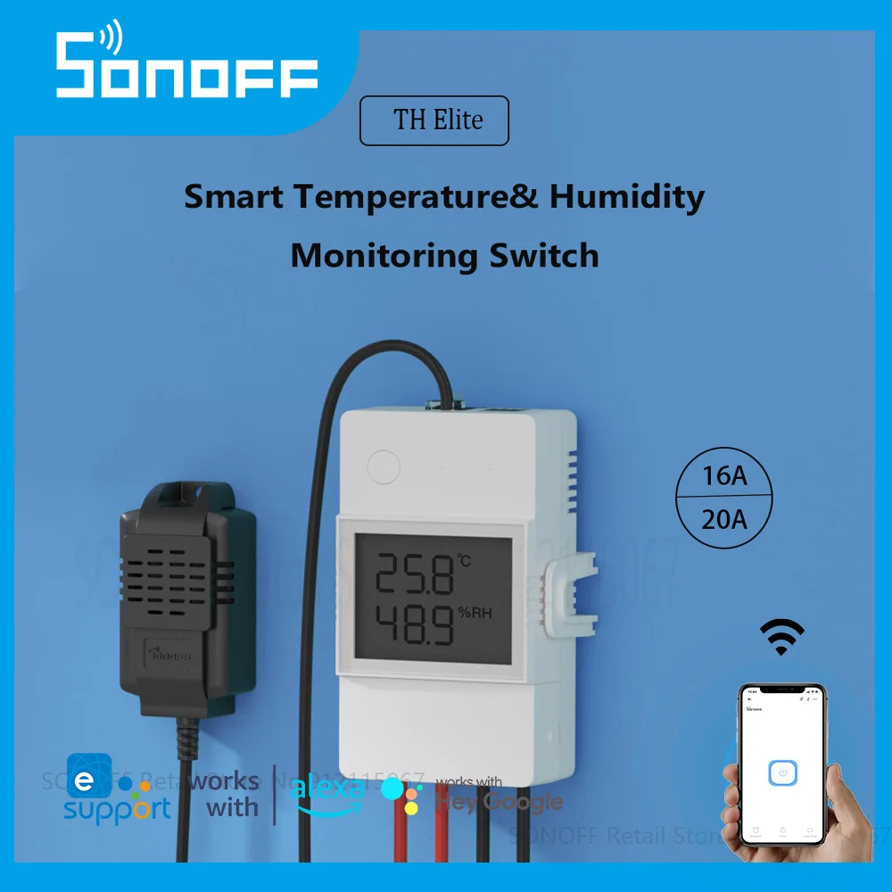 SONOFF TH Elite with Sensor WiFi Smart Switch Temperature Humidity Detector  Monitor Remote Control Work with Google Home, Alexa