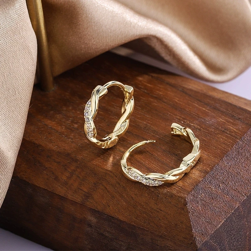 White Zircon Small Round Stone Twisted Infinity Hoop Earrings For Women Vintage Gold Color Ear Buckle Wedding Jewelry Valentines
