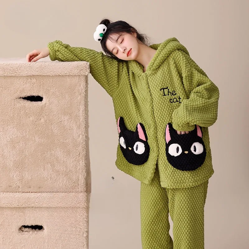 Coral Velvet Pajamas Women Autumn Winter Fleece-lined Thickened Nightclothes Suit Female Flannel Hooded Warm Cartoon Homewear winter pajamas flannel clothes female cute cartoon thick warm coral fleece long sleeved trousers two piece home service suit