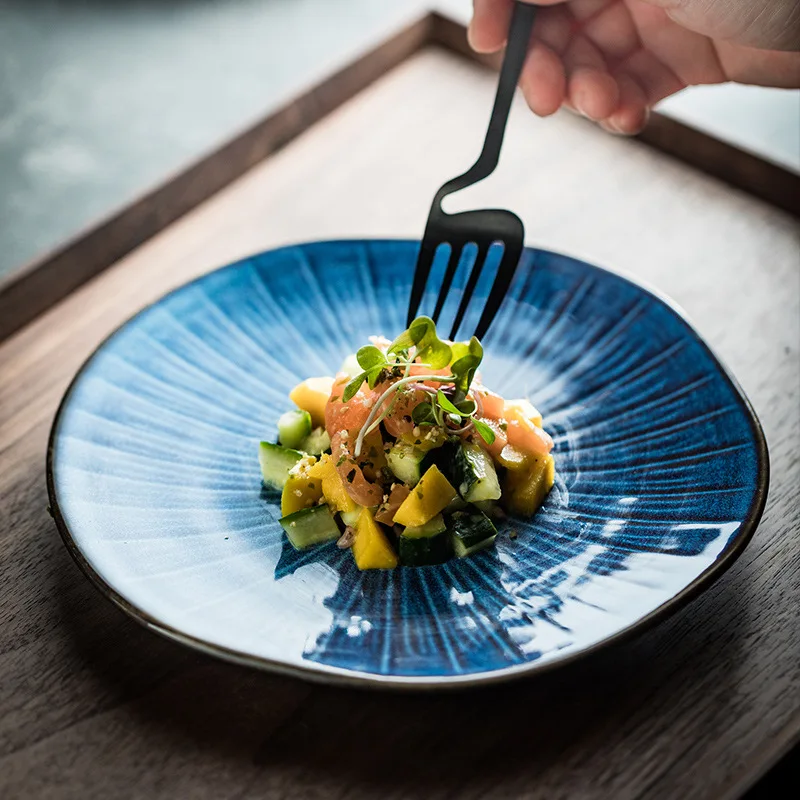 Japanese-Style Ceramic Oak Shallow Plate Restaurant Vintage Western Cuisine Plate round Steak Dessert