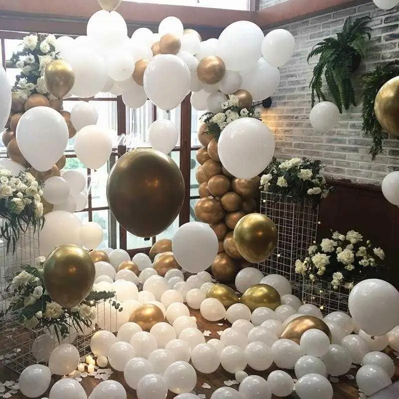5/10/18inch Classic Matte White Latex Balloons Chrome Metallic Gold