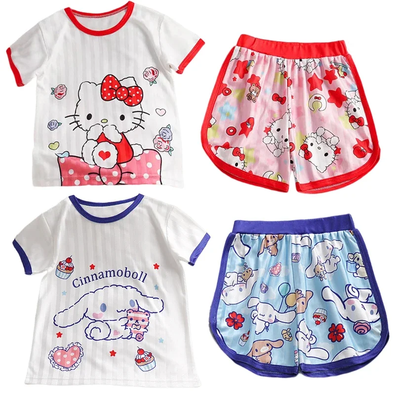 Kawaii Sanrio Cinnamoroll Children's Short-sleeved Shorts Set Anime Hello Kitty Kuromi Baby Girl Summer Cotton Pajamas Homewear
