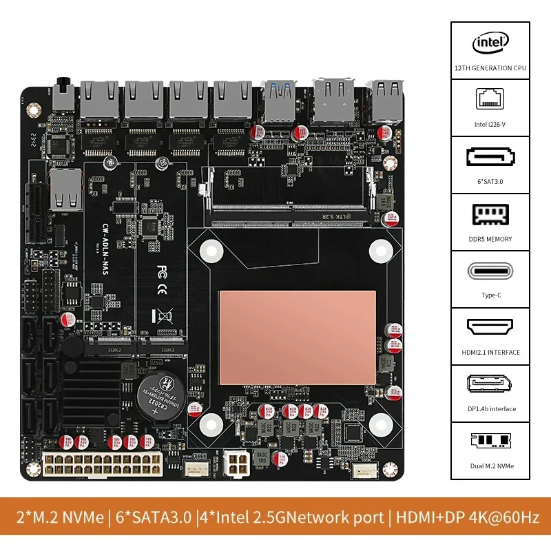 N100/i3-n305 NAS základní deska DDR5 4x intel i226-v 2.5G 2* M.2 nvme 6* SATA3.0 HDMI2.0 DP mini ITX nasednout s PCIE 17X17CM