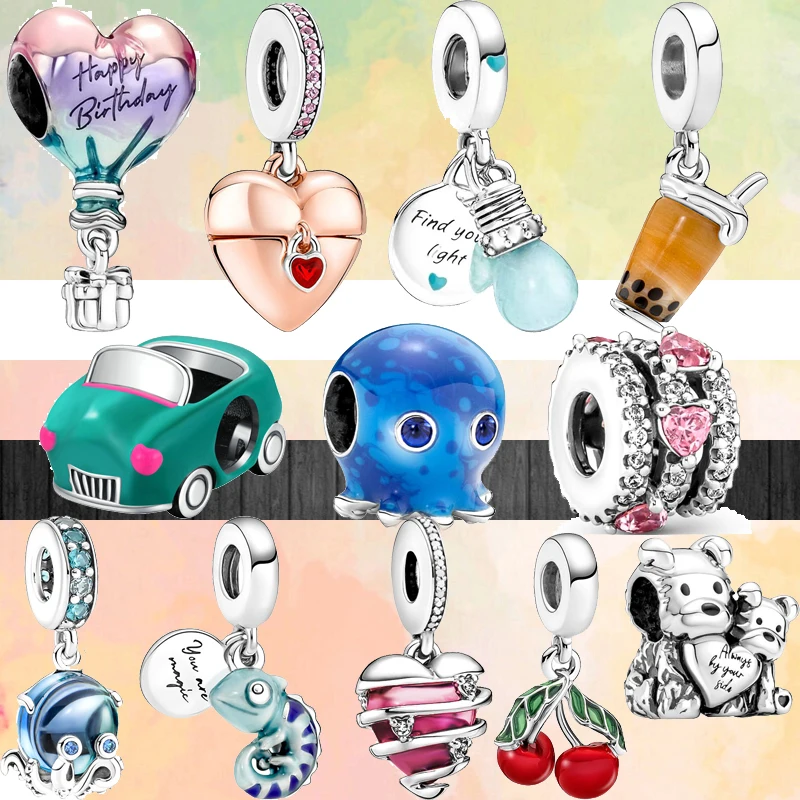 

New Hot Air Balloon Bulb Octopus Cherry Chameleon Heart Pendant Beads Fit Original Pandora Charms Silver Color Bracelets Jewelry