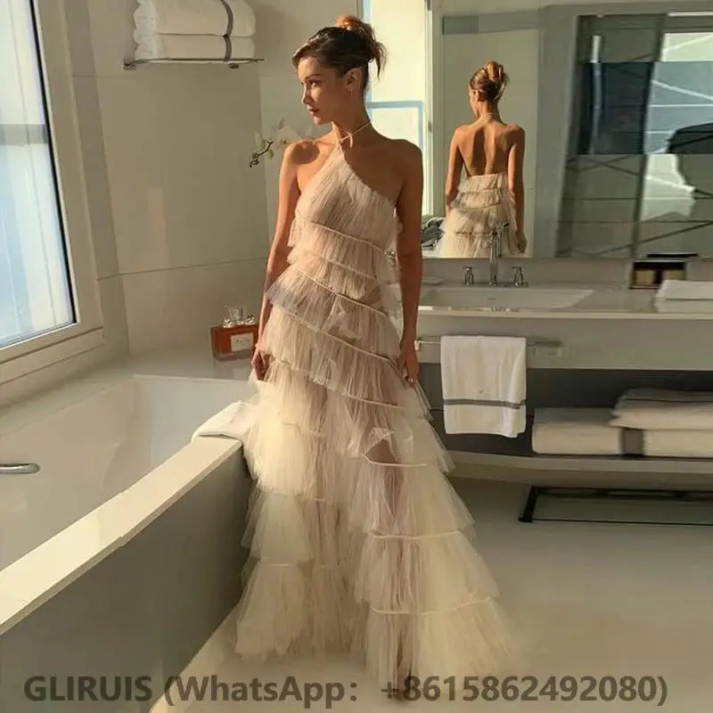 

Charming Halter Prom Dress Tiered Pleat Layered Homecoming Gown A-Line Sexy Evening Vestido De Fiesta De Noche