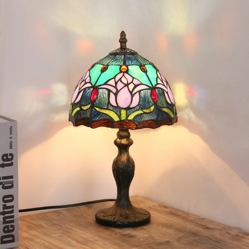 

Tiffany Table Lamp Mediterranean Bedside Lamp Stained Glass Lampshade for Living Room Decoration Nightstand Bedroom Study Light