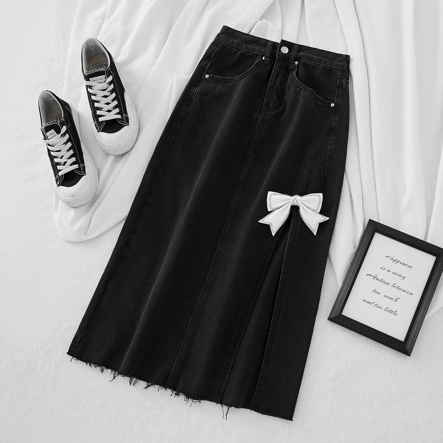 Korean Fashionable Bow Spliced Denim Skirt for Female Summer All-match Casual High Waist Split Skirt Simplicity Women's Clothing