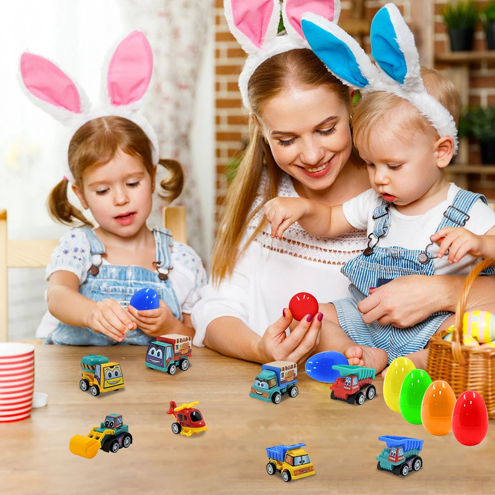 12Pcs Prefilled Easter Eggs Easter Egg Fillers with Engineering Vehicles Inside Easter Basket Stuffers for 3 4 5 6 7 8 Year