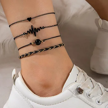 토코나 고딕 블랙 비즈 하트 발찌 세트, 여성용 심플 블랙 로프, 기하학적 다층 발 체인, 쥬얼리 24639