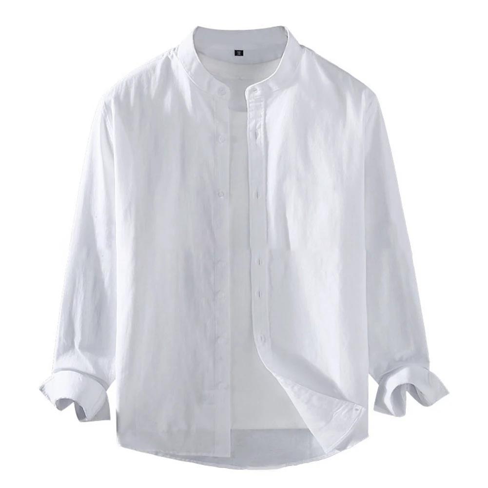 

Mens Linen Shirt Stand Collar Long Sleeve Henley White Black Soft Comfortable Simple Spring Summer Men\\'s Shirt Solid Color