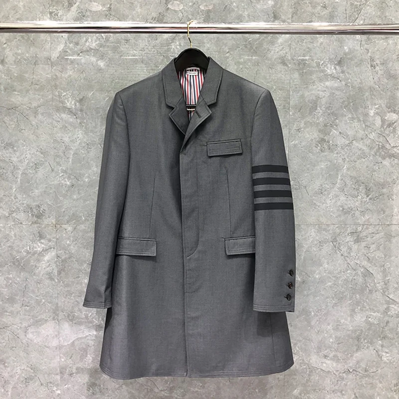 

TB Thom Single Breasted Long Wool Coat Fall Winter Office Overcoat 2022 New High Quality Thick Striped Jacket Men's Coats