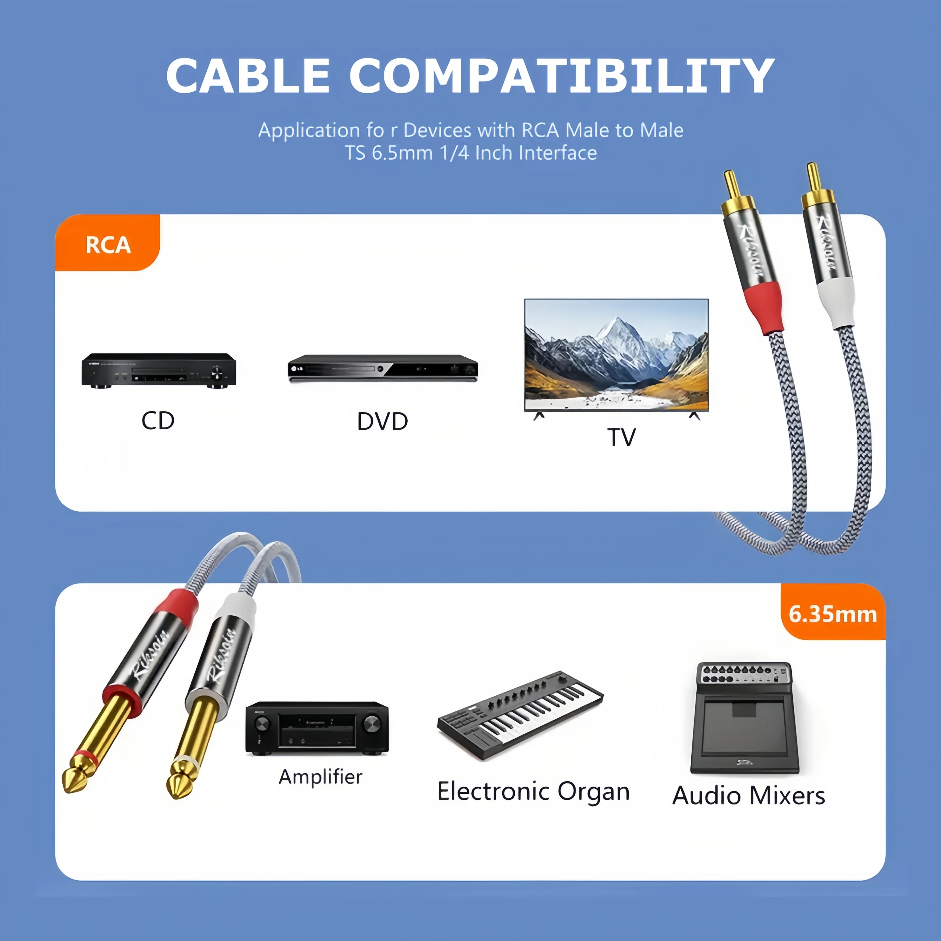 Premium Gold-Plated Stereo Audio Cable, 1/4 to Dual RCA