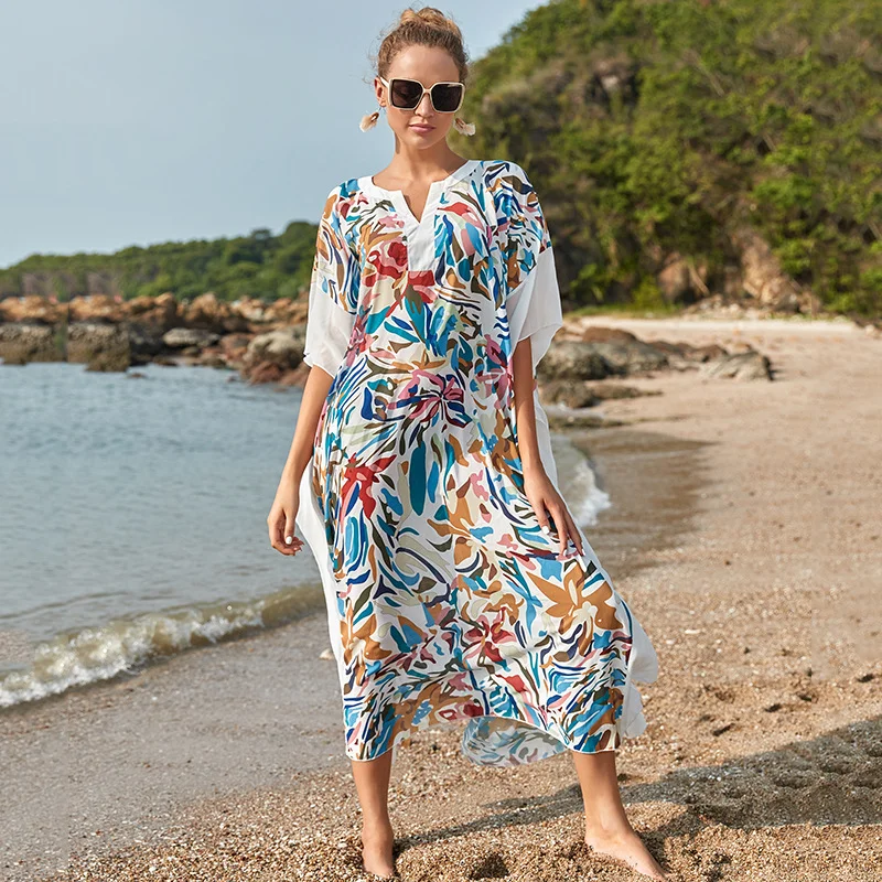 Beach Printing Bikini Cover Up  Clothing Kimono Sexy Transparent Tunics Beach Outfits For Women Summer Vintage Swimsuits