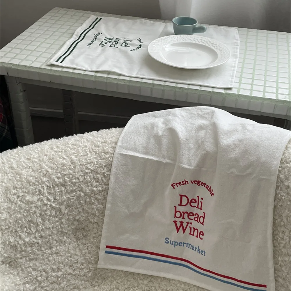 Vintage English Letter Desktop Mat Cotton 35*44cm Embroidered Napkins Delicate Square Table Decoration Cloth Background Props