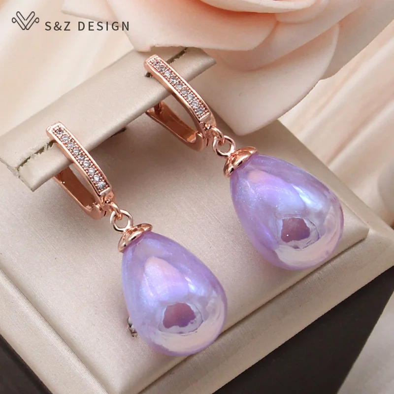 S&Z DESIGN New Fashion Colorful Water Drop Beads Dangle Earrings For Women Wedding 585 Rose Gold Color Cubic Zirconia Jewelry