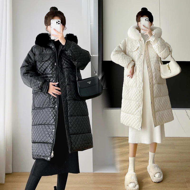 Long Loose Fuzzy Fur Hooded Maternity Coats with Pockets Plus Size Pregnant Women's Outwear Fashion Pregnancy Jackets Down Coat