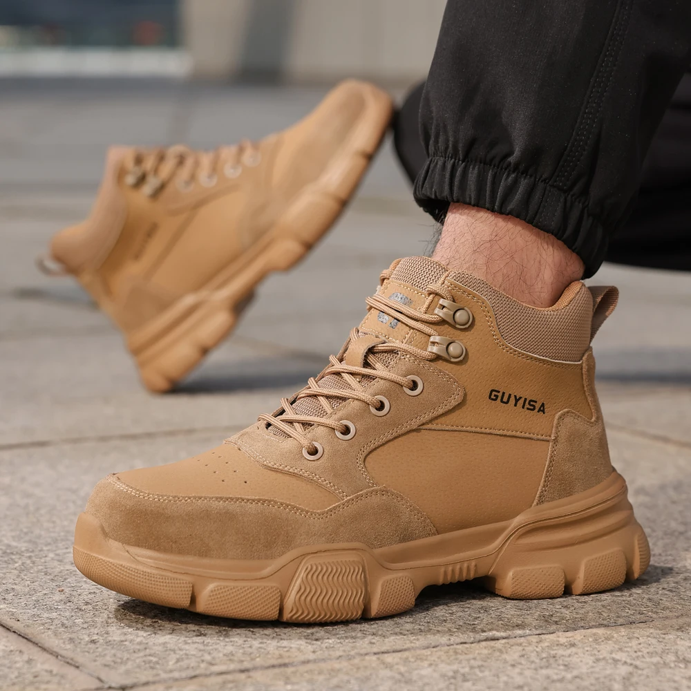 Khaki High Top Safety Shoes Work Boots Men Soft Bottom Lightweight Steel Toe Shoes Puncture-Proof Protection Shoes Security Boot