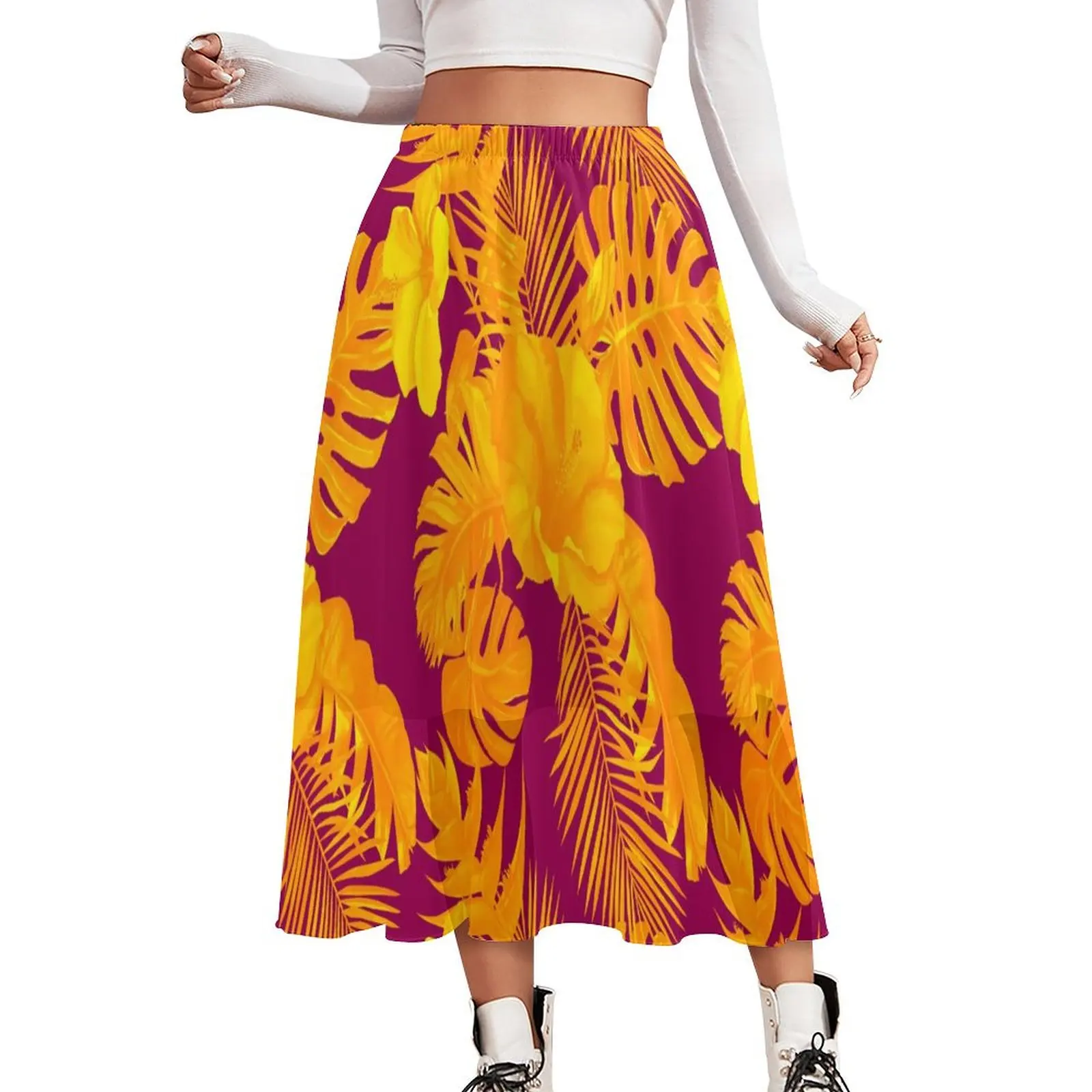 

Watercolor Leaf Chiffon Skirt Hibiscus Flowers Aesthetic Long Skirts Womens Modern Boho Skirt Pattern Clothing Birthday Present