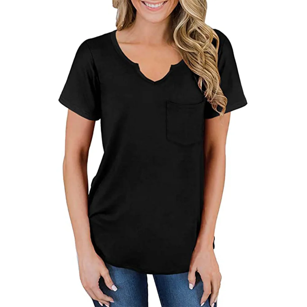 2024 Europe and the United States spring and summer new women's top V-neck pocket short sleeve loose T-shirt woman