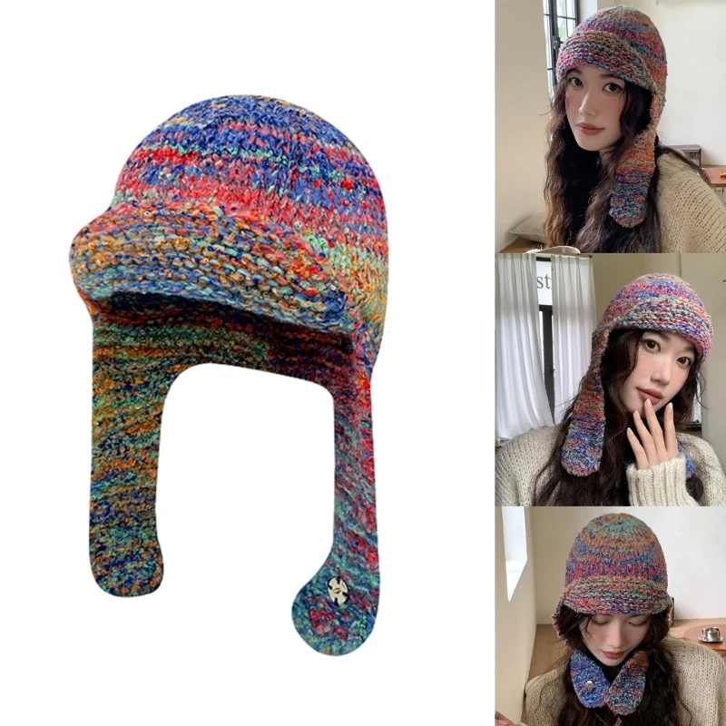 

Knitted Beanie Hat for Female Girl Earflap Soft Bucket Hat Ear Flaps Soft Warm Hat Women Windproof Outdoor Activity Cap M6CD