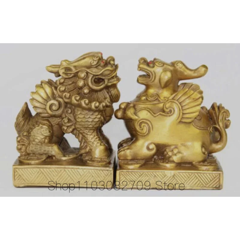 

7cm Vintage Pair sacred Brave troops Bronze dragon Pixiu statue ~Wish U Wealth