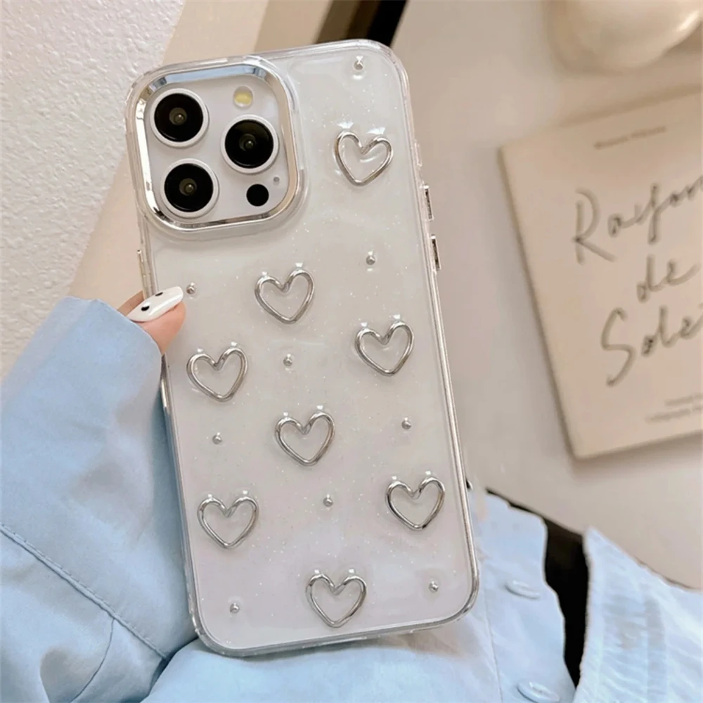 Korea Cute Metal Love Heart Epoxy Glitter Bling Phone Case