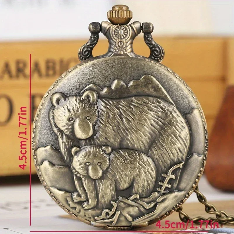 Bear Embossed Quartz Pocket Watch Retro Vintage Animal Analog Necklace Chain Watch For Women Men Christmas Father's Day Gift
