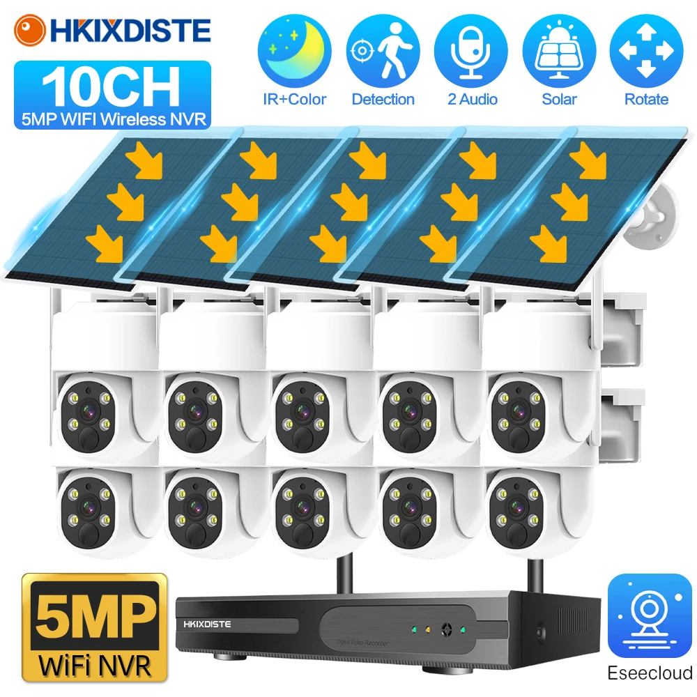 

10CH 5MP WiFi NVR 4MP Беспроводная PTZ-камера с питанием от солнечной энергии, аккумуляторная система для домашней фермы, безопасная для леса, фотокамера с питанием от солнечной энергии