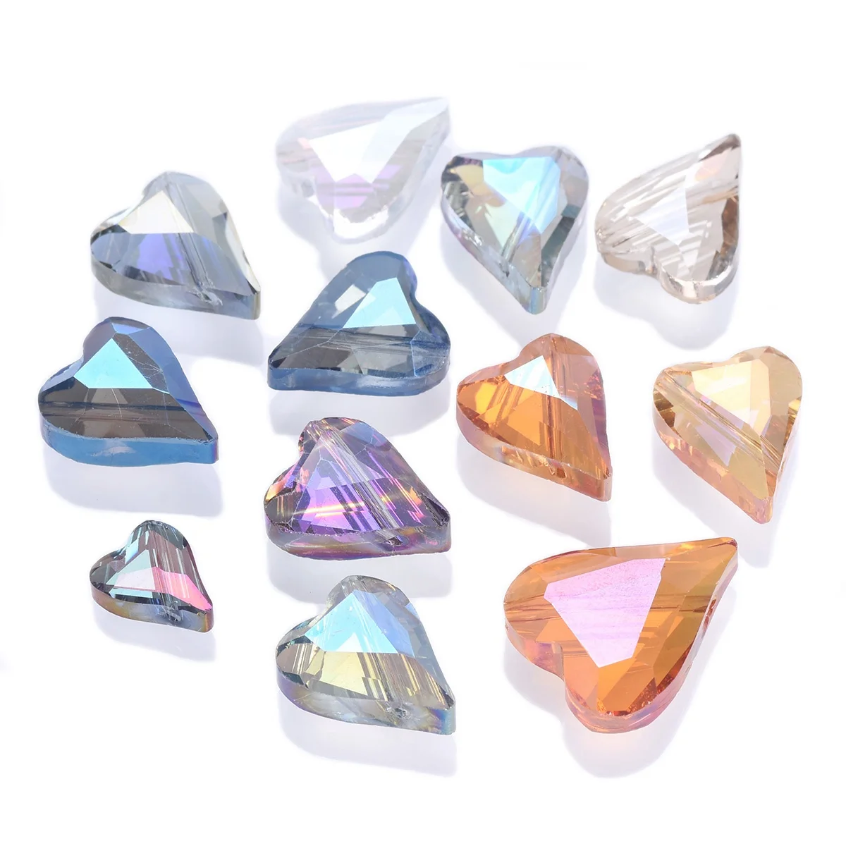 10pcs Pointed Heart Faceted Crystal Glass Asymmetric Hole 12x10mm 18x14mm 22x18mm Loose Beads for Jewelry Making DIY Crafts