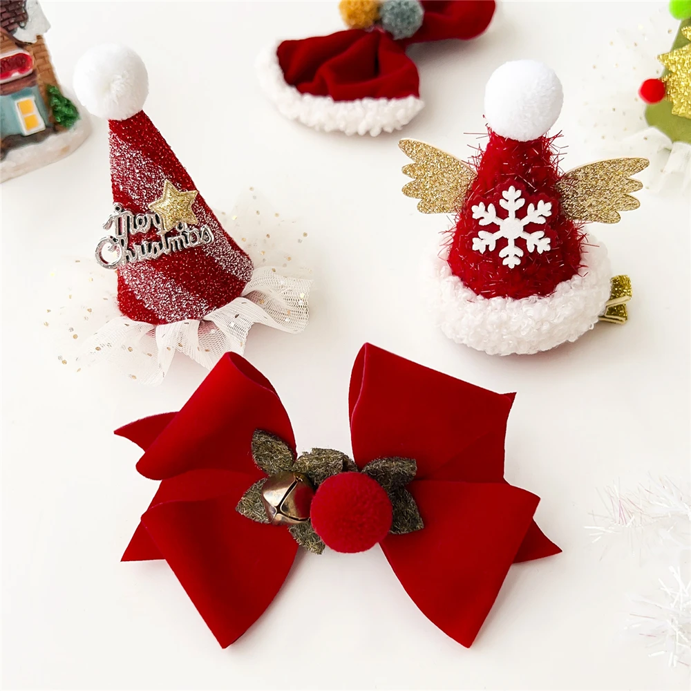Christmas Festival Bow Hairpin Cute Fabric Hat Side Clip Side Bangs Hair Accessory Hairpin，Christmas hair clip