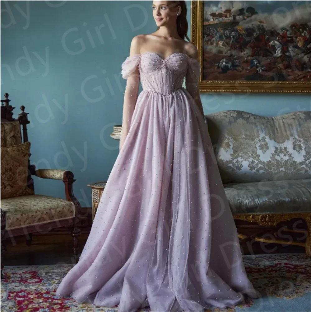 

Luxury Dubai Pink Sexy Sweetheart Evening Dresses Women Long Sleeved Pearls Tull A-Line Arabic Party Prom Dress فساتين السهرة