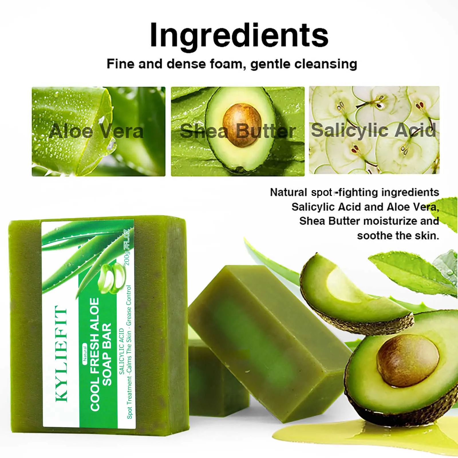 KYLIEFIT Natural Aloe Vera Soap Bar Face Hand and Body Wash Cleansing & Moisturizing Anti Spots Smooth Skin 200g /7 oz