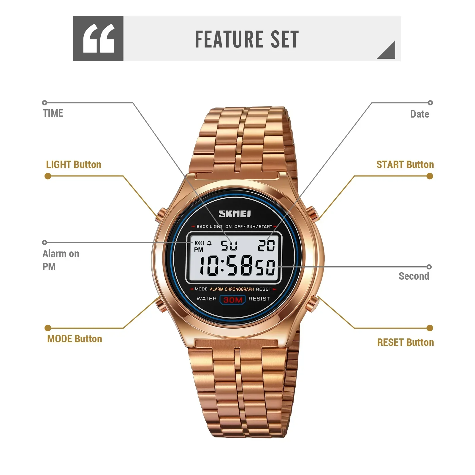 SKMEI 2146 Back Light Display Stopwatch Digital Sport Watches Stainless Steel Men Waterproof Date Alarm Wriswatch reloj hombre 5