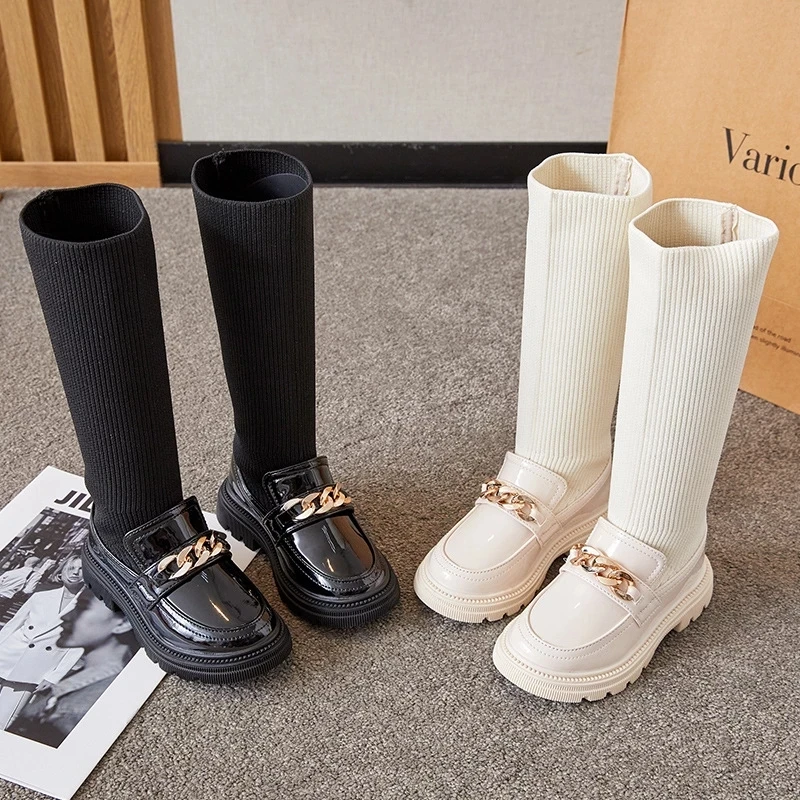 New Winter Korean Over-the-knee Boot For Girls with Metal Chain Sock Boots Kids Fashion Solid Glossy Chic Girls Casual Shoe