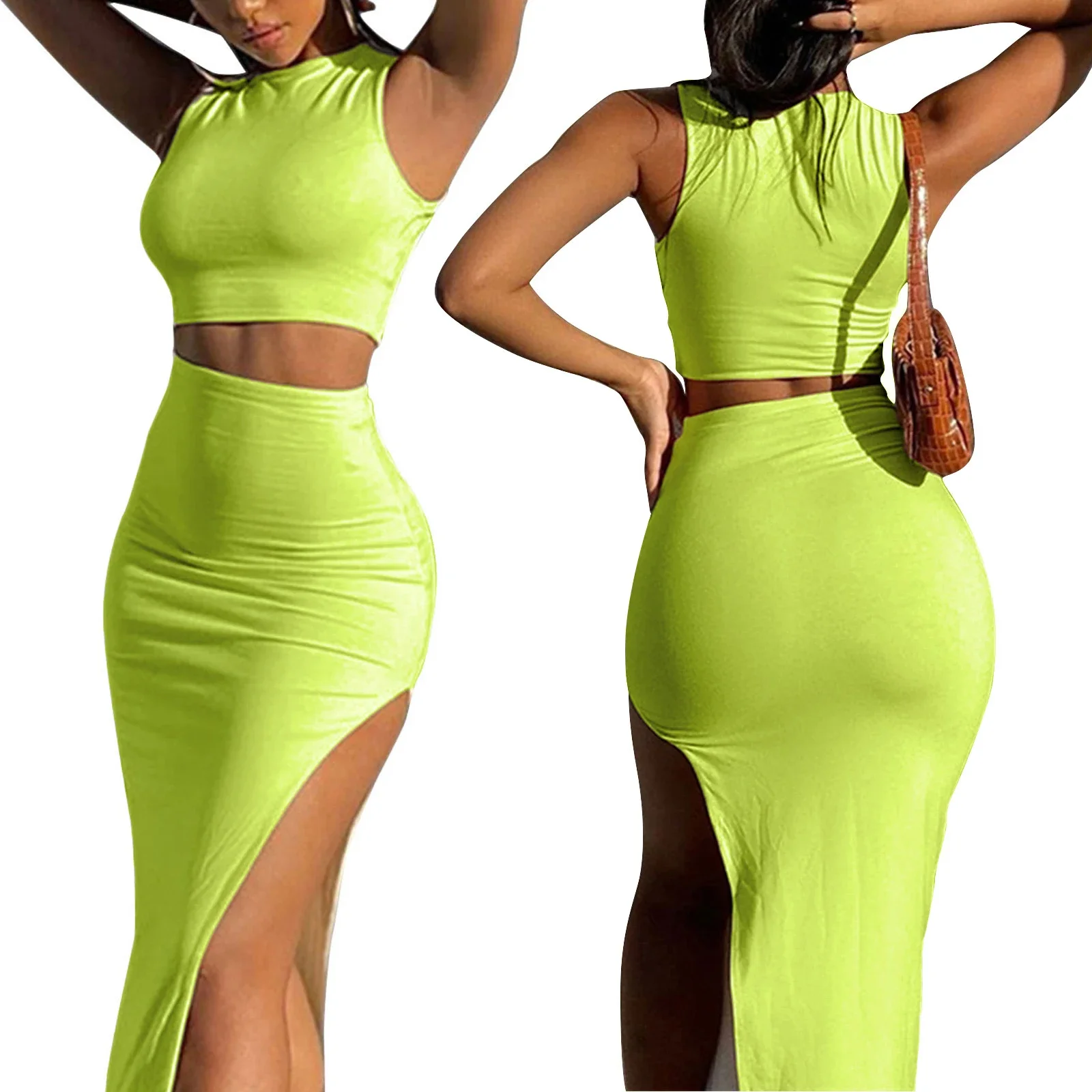 Women's Sleeveless High Slit Tank Tops, Summer Outfits, Solid Color, Crew Neck, Wrapped Hip, Long Skirts Set, 2 Pcs