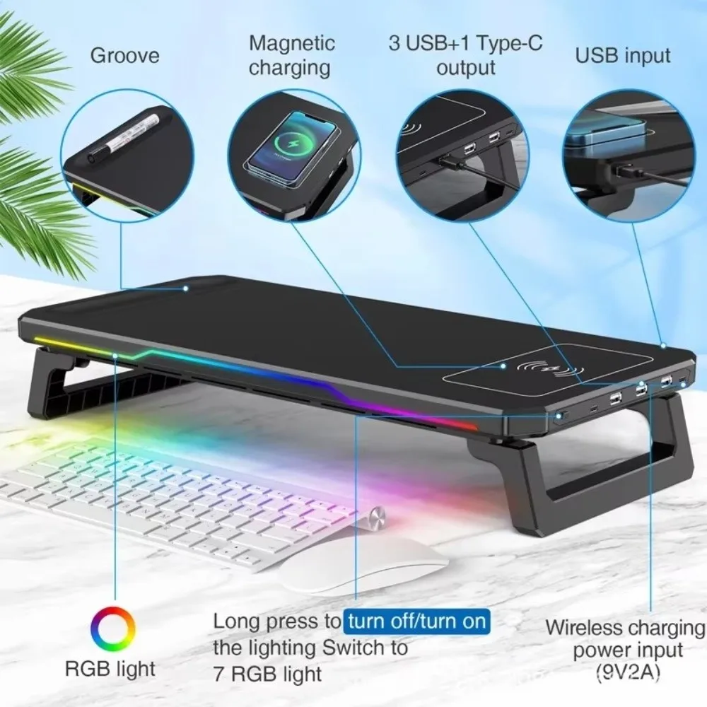 3개의 USB 2.0 포트가 있는 PC 모니터 스탠드, RGB 조명, 무선 충전, 노트북 모니터 홀더, 인체공학적 타입-C 노트북 수납 랙