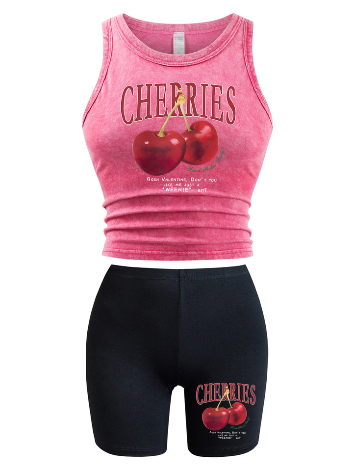 Cherries Fruit Fresh Picked Daily Prints Women Washed Tank Tops Sport Cotton Vests Elastic Short Pants Crewneck Summer Vest