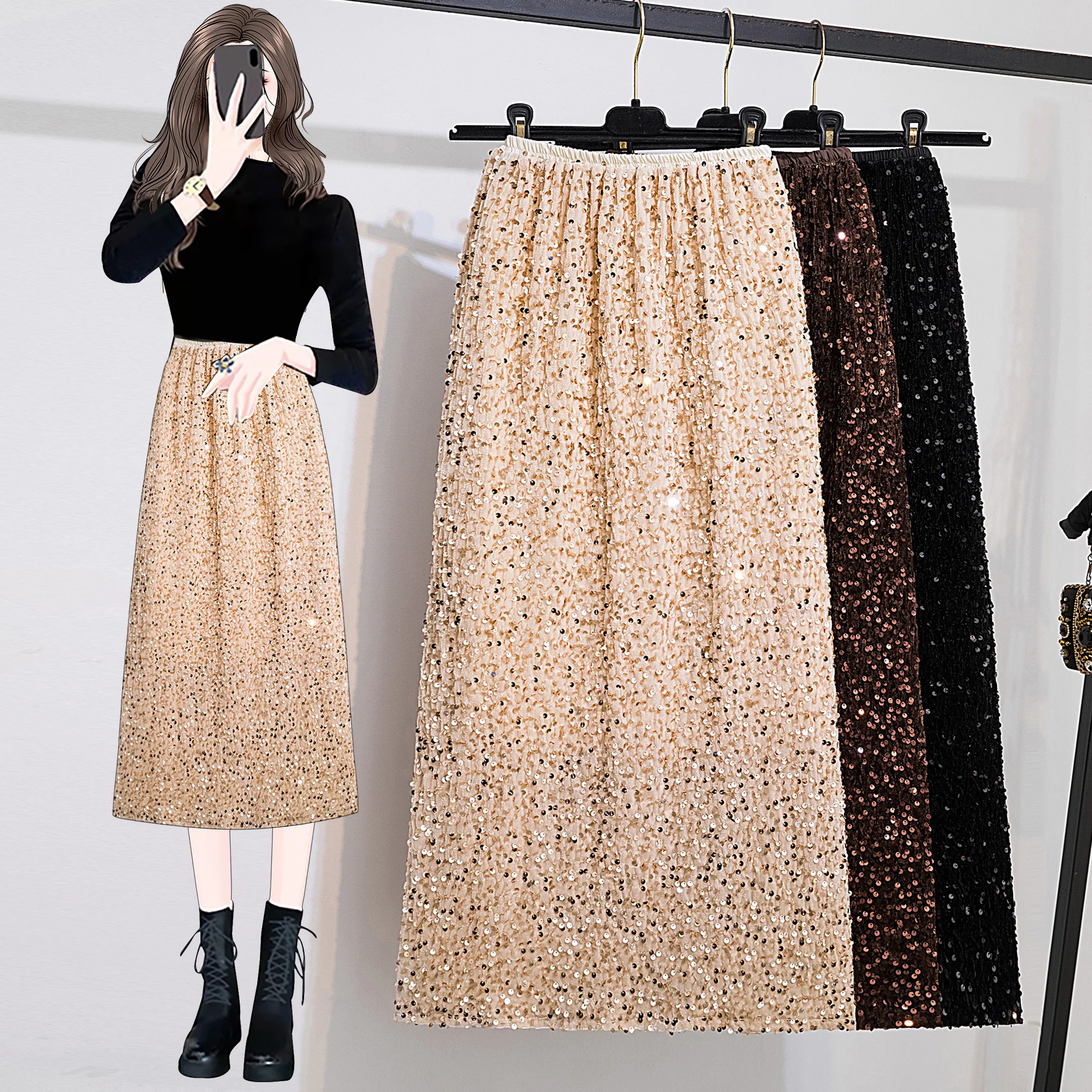 

Large size women's clothing 2023 high-end sequin chubby mm slimming high waisted crotch covered half skirt bright A-line skirt