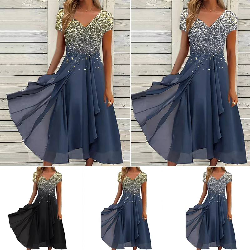 

Dinner Dress For Party Popular European And American Spring And Summer New Chiffon Patchwork Party Casual Dress Evening Dress