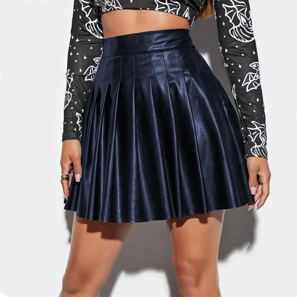 

Club Skirt High Waist Faux Leather Pleated Skirt for Women A-line Clubwear Party Dance Skirt with Loose Hem Solid Color Above