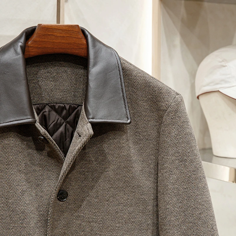 New winter men's business casual leather collar cotton-padded coat lapel wool coat 4