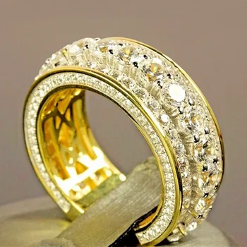 14 k Gold color Gold Full Diamond Round Ring for Women Men Wedding Engagement Party Accessories Gift  Jewelry Rings 2021 Trend