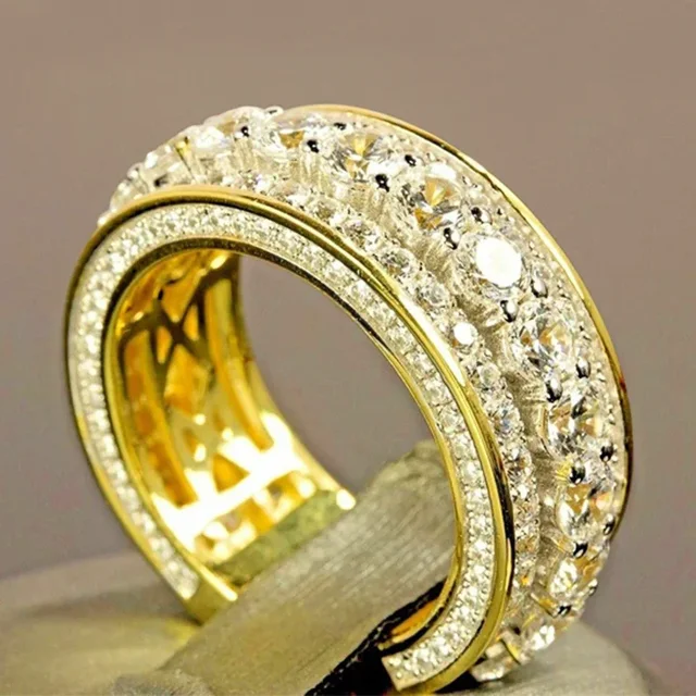 14 k Gold color Gold Full Diamond Round Ring for Women Men Wedding Engagement Party Accessories Gift  Jewelry Rings 2021 Trend
