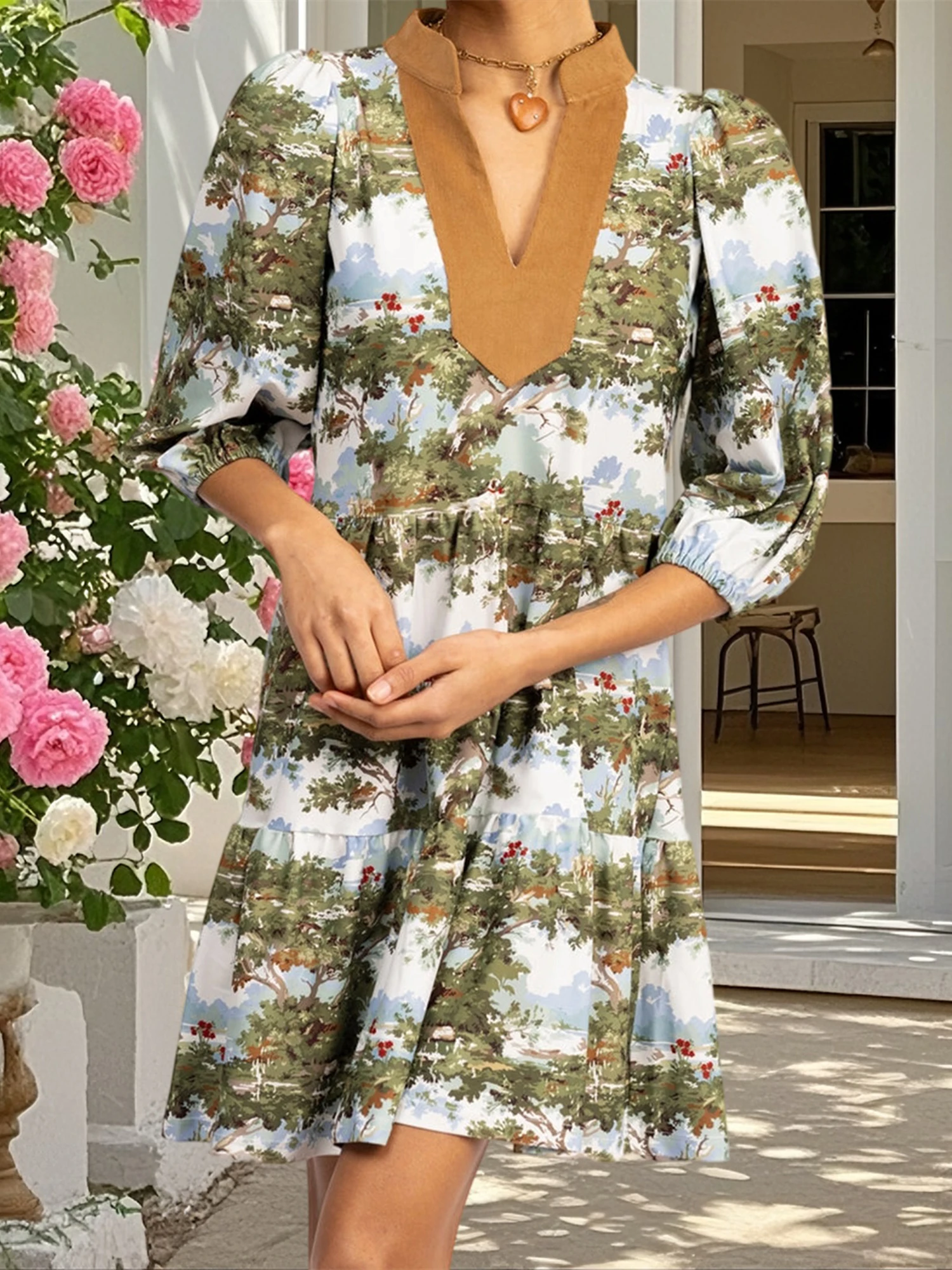 Women s Boho Style Long Sleeve Floral Print V-Neck Maxi Dress for Beach Party Resort Wear Street Style Fashion