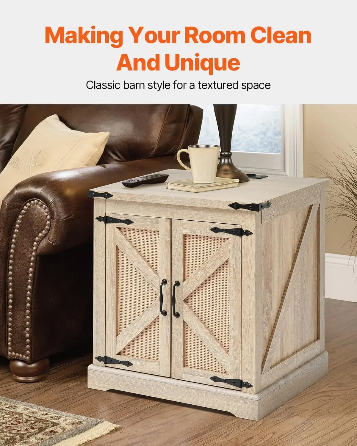 Farmhouse End Table, Rectangle PE Rattan Woven Wood Coffee Table, 24-Inch Modern Boho Style Storage Coffee Table 4